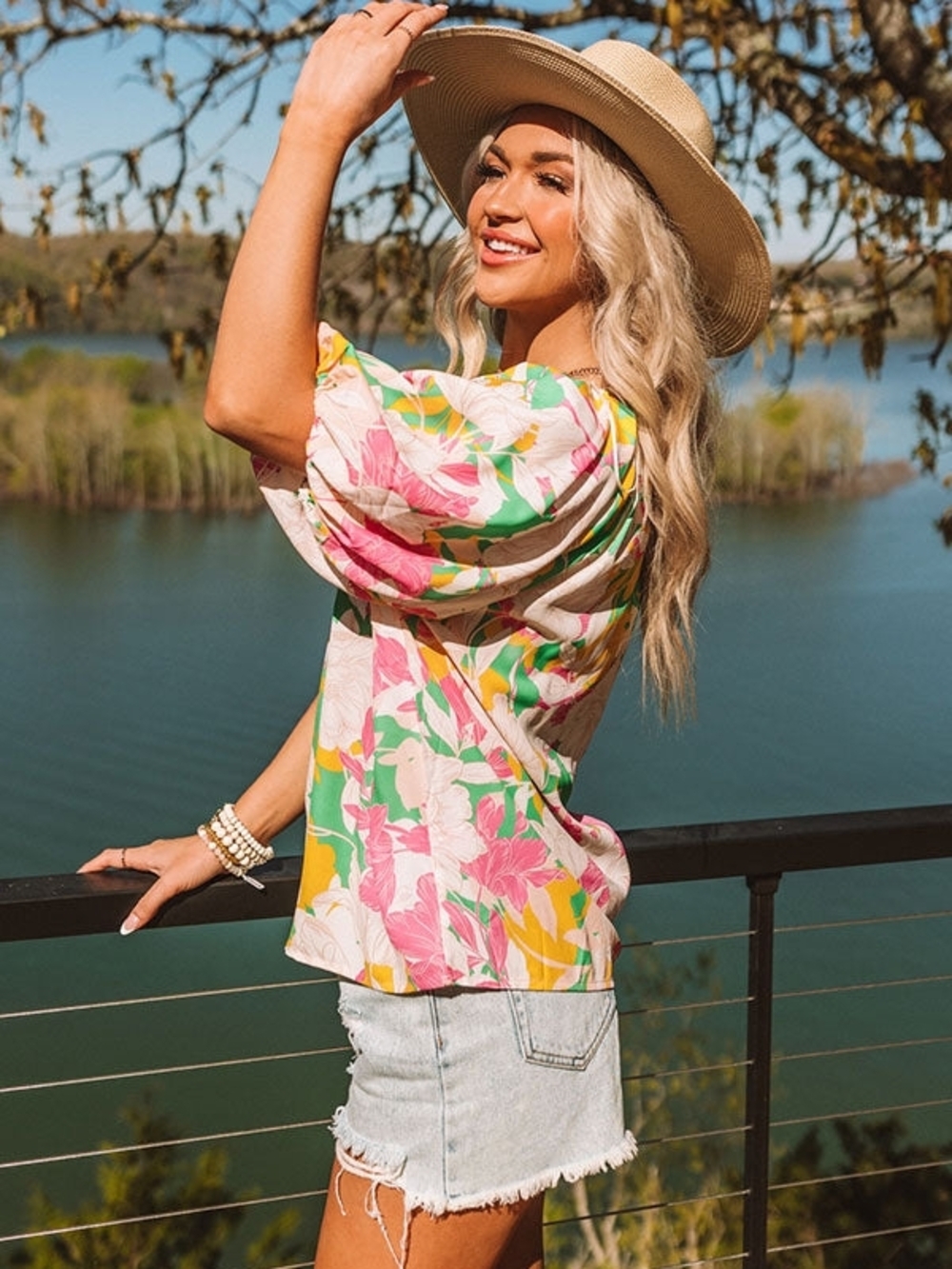 Flying Tomato Green Yellow Pink Floral Puff-Sleeve Blouse. NWOT Size Small - Picture 6 of 14